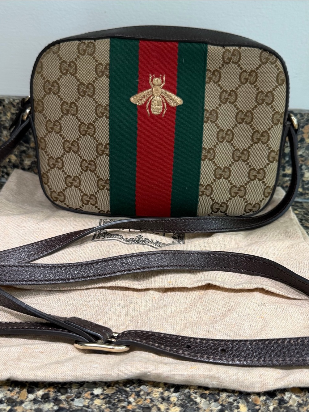 Gucci Brown GG Supreme Crossbody with Red and Green Web Stripe and Bee